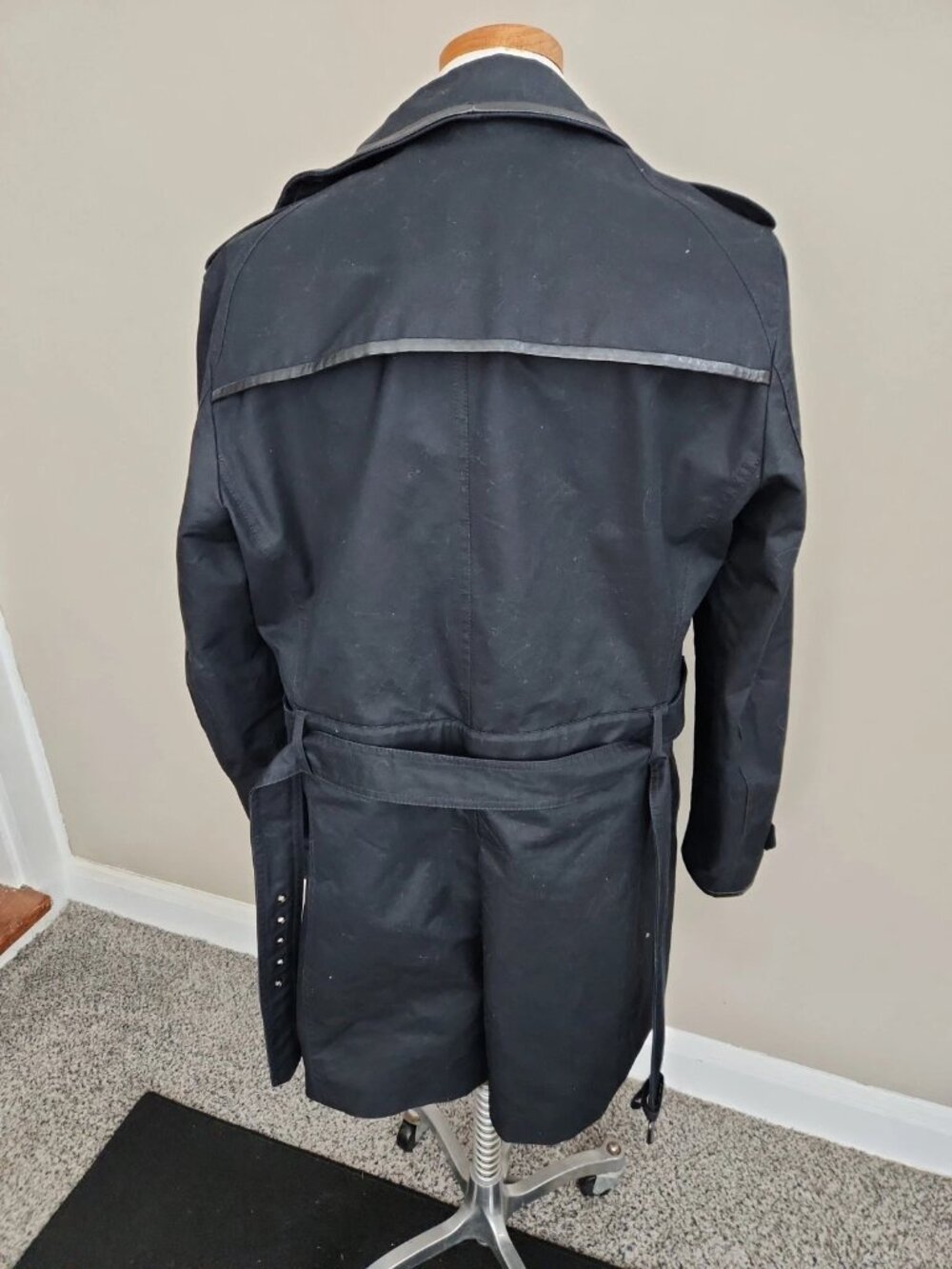 The Kooples Belted 100% cotton jacket Leather Trim Trench black Coat Sz 48 Unise - Picture 3 of 4